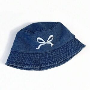 Dark Denim Blue + White Embroidered Bowknot Bucket Hat Cap OS New